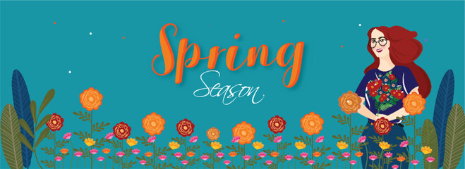 Wall Mural - spring season celebration header or banner design with beautiful lady holding bouquet and colorful f