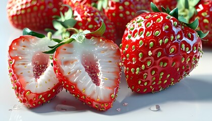 Vibrant close-up of a split strawberry revealing fresh, juicy details against a clean white backdrop