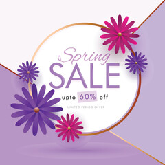 Sticker - Spring Sale banner or poster design decorated with paper cut flowers on abstract background.