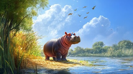 Wall Mural - A baby hippo standing on a sunny riverbank, its wet body gleaming in the light, while birds fly overhead in the blue sky.