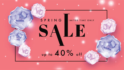 Wall Mural - spring sale banner or poster design with discount offer and beautiful flowers decorated on glossy ro