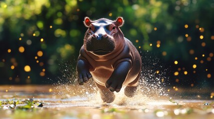 Wall Mural - A bright baby hippopotamus running toward the camera, with vibrant greenery and a sparkling river in the background.