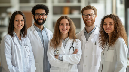 Clinic staff portrait. Group of medicine professionals standing together in modern hospital office, smiling, looking at camera. Diversity and team collaboration.