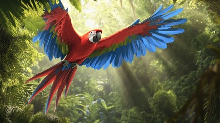 Wall Mural - A cheerful parrot flying through a rainforest canopy, its bright red and blue wings creating a streak of color in the sky