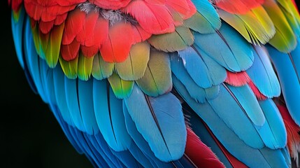 A close-up of a parrots colorful feathers, with shades of blue, green, and red blending together in a radiant pattern.