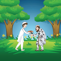 Sticker - Muslim boy giving cloth to old beggar on nature view background.