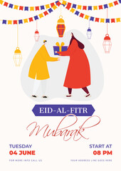 Sticker - Invitation card or template design with muslim men character and event details for Eid-Al-Fitr Mubarak.