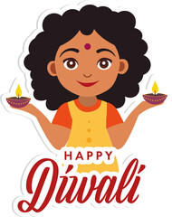 Wall Mural - Sticker Style Happy Diwali Text with Indian Girl Character Holding Illuminated Oil Lamps (Diya) on Grey Background.