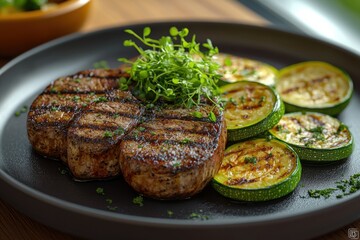 A delectable grilled steak paired with savory zucchini slices and garnished with microgreens, presented on a sleek black plate on a wooden table.