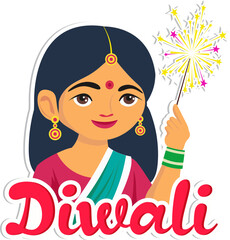 Canvas Print - Sticker Style Indian Woman Character Celebrating Diwali with Sparkling Stick on Grey Background.