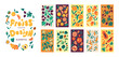 © Paper Trident - Design elements with fruits and berries set. Minimal abstract cards with harvest. Template of bookmarks with pattern of food, plants: sea buckthorn, papaya, oranges, peach. Flat vector illustrations