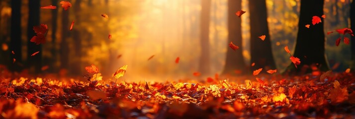 Wall Mural - Enchanting autumn landscape with a vibrant forest bathed in the warm glow of the setting sun  Fallen leaves in shades of orange red and yellow carpet the ground creating a cozy and serene atmosphere