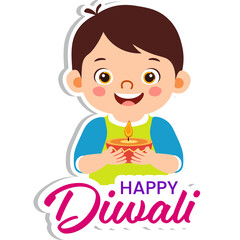 Wall Mural - Sticker Style Happy Diwali Text with Cute Indian Boy Character Holding Illuminated Oil Lamp (Diya) on Grey Background.