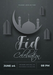 Wall Mural - Eid Celebration template or flyer design with silhouette crescent moon with mosque and hanging paper cut lanterns on grey islamic pattern background.