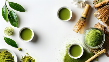 Serene composition of matcha powder and tea tools on a clean white background, perfect for showcasing creativity and tranquility in tea preparation