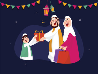 Poster - Cartoon character of Islamic couple wishing and giving gift to a child on occasion of Islamic Festival Eid Mubarak.