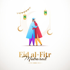 Wall Mural - Beautiful poster and banner design with illustration of young men hugging each other in occasion of Islamic Festival Eid Mubarak.
