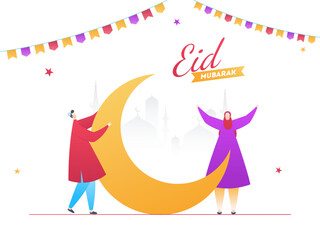 Wall Mural - Cartoon character of young man and woman decorating the Moon for Eid Mubarak Festival celebration.