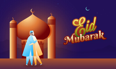 Wall Mural - Beautiful poster and banner design with illustration of happy men hugging each other in front of mosque  in occasion of Islamic Festival Eid Mubarak.