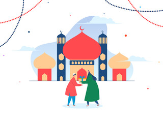 Poster - Faceless Islamic man and woman wishing and giving gifts to each other in front of mosque on occasion of Islamic Festival Eid-Al-Fitr.