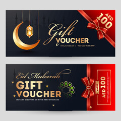 Wall Mural - Horizontal gift coupon or voucher layout in black and red color background for Eid Mubarak Festival celebration.