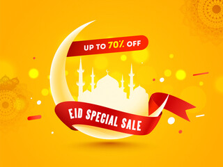 Wall Mural - banner or poster design for eid special sale offer. text written on red stripe with mosque and moon 