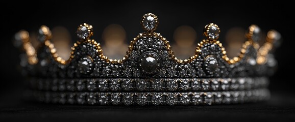 A close-up of an ornate crown featuring intricate designs and sparkling gems.