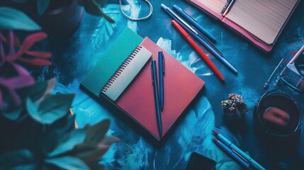 Two closed notebooks, pens, and a glass of liquid on a blue table.