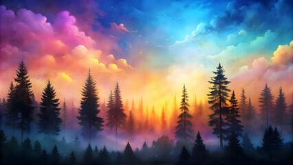 Silhouette of a beautiful forest against a colorful watercolor sky, landscape, watercolor,trees, nature, beauty, colorful