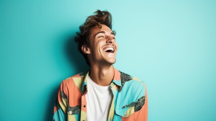 Wall Mural - Joyful young man in a colorful shirt laughs heartily against a bright turquoise background, radiating energy and happiness.