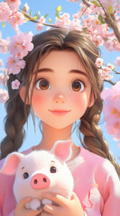 Poster - A charming animated character with twin tails holds a cute pig doll, showcasing a dreamy, folkloric art style.