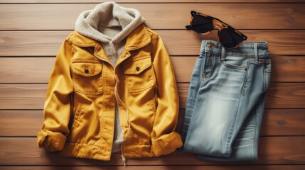 Stylish fall outfit featuring a cozy mustard jacket, light-wash jeans, and trendy sunglasses laid out on a wooden surface, ready for a casual day out.