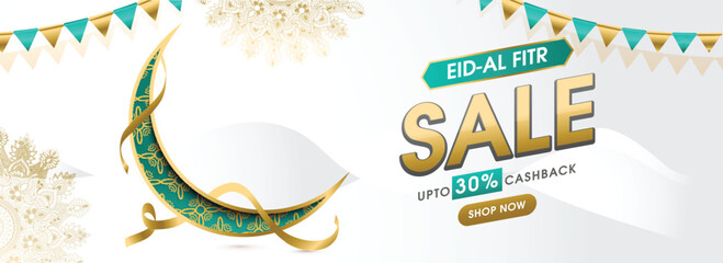 Canvas Print - Eid- Al-Fitr sale header or banner design with 30% cashback offer, illustration of crescent moon and mandala flowers decorated white wavy background.