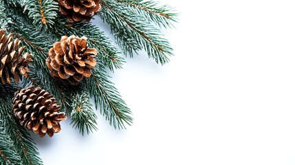 Poster - Pine Branch. White Background with Spruce Cones. Close-up Christmas Decoration