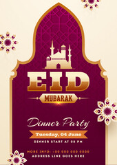 Sticker - Eid Mubarak party invitation card design with illustration of mosque and floral elements.