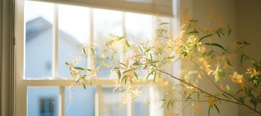 Wall Mural - Sunlight streaming through a window illuminating delicate yellow flowers in a tranquil room