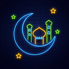 Canvas Print - Neon lighting effect crescent moon with mosque and stars on blue brick wall background for advertising Islamic festival celebration concept.