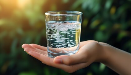 Wall Mural - refreshing moment of hydration with a glass of water held delicately in fingertips