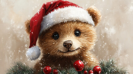 Wall Mural - Teddy bear in Santa hat. A Christmas card.