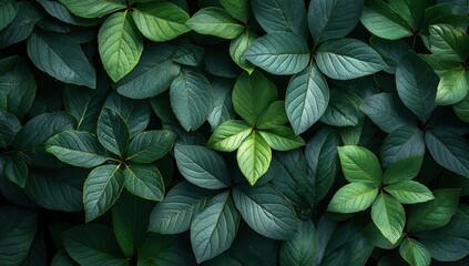 Overlapping green leaves form a dense, vibrant canopy, showcasing the rich, natural beauty of foliage against a dark, moody backdrop.