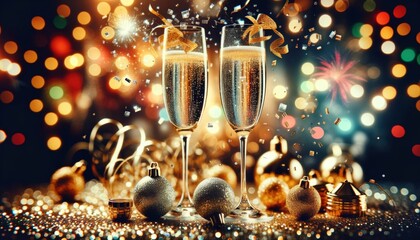 Elegant champagne glasses surrounded by festive golden decorations and glowing bokeh lights, capturing the spirit of celebration