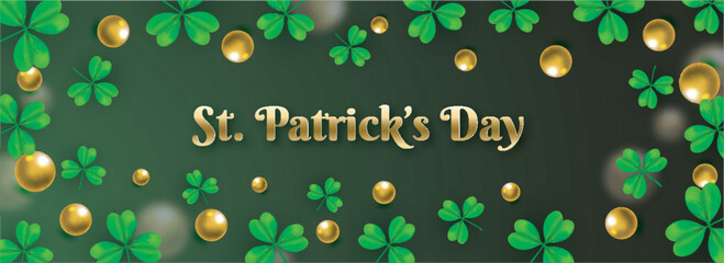 Canvas Print - St. Patrick's Day header or banner design decorated with clover leaves and golden pearls on green background.