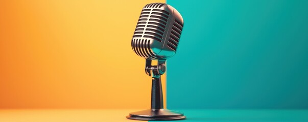 Retro microphone on colorful background, perfect for music, podcast, or audio-related projects and promotional materials.