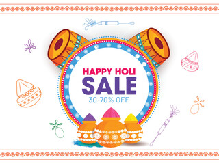 Wall Mural - Flat style festival elements such as color pot and dhol (Drum) illustration for Happy Holi sale poster or banner design.