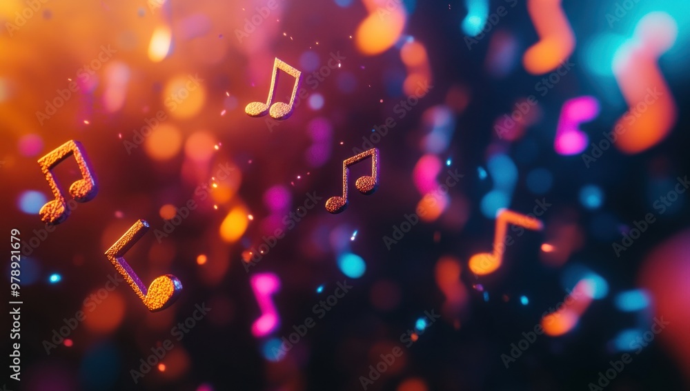 Colorful musical notes in mid-air against a blurred, lively background ...