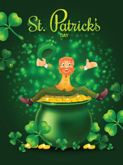 Sticker - St. Patrick's Day celebration template design with illustration of happy leprechaun man sitting on coin pot.