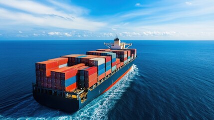 Aerial View of Massive Cargo Container Ship Sailing on Calm Blue Ocean with Cloudy Sky and Distant Horizon