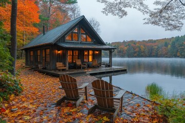 Cozy wooden cabin on a lake with fall colors surrounding it