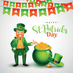 Poster - Happy St. Patrick's Day banner or poster design, illustration of leprechaun man character with traditional coins pot and hat on white background.