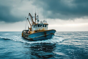 small fishing boat sailing on rough sea under stormy sky